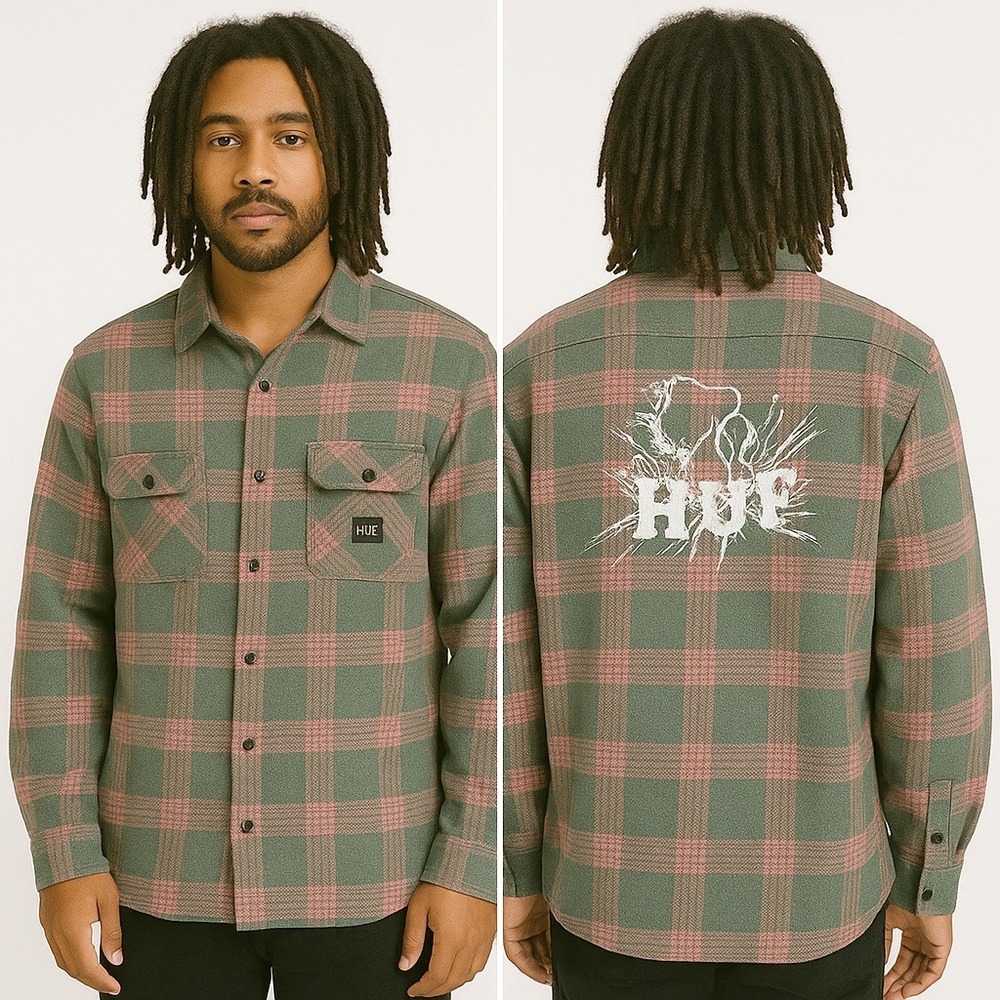 HUF Flannel Shirt Long Sleeve Button Up Plaid Cotton Blend Green Pink‎ Medium